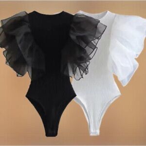 ZARA Organza ruffle rib bodysuit black 0858/330 statement sleeves slimming